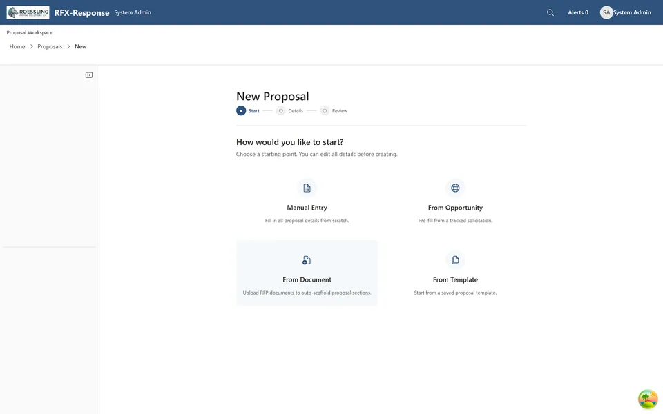 RFX Response — New Proposal kickoff wizard with Start/Details/Review stepper and four starting-point cards (Manual, Opportunity, Document, Template)